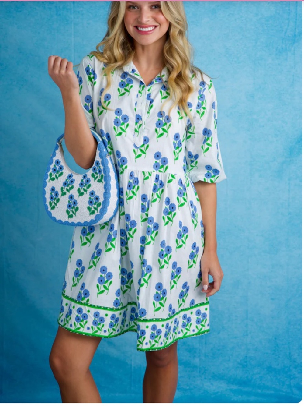 Mary Marshmallow  Linen Floral Print 3/4 sleeve Dun dress size M